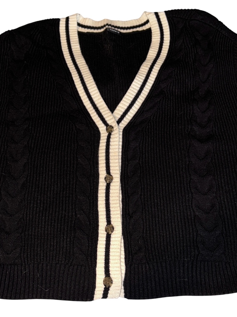 Torrid Black V-Neck Cable-Knit Cardigan Sweater Vest with Cream Trim Sz 5